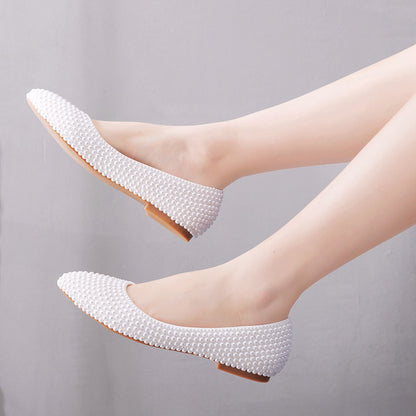 Women Pointed Toe Shallow Bridal Wedding Shoes Pearls Flats