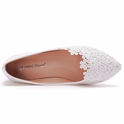 Women Pointed Toe Shallow Lace Flora Bridal Wedding Flat Shoes