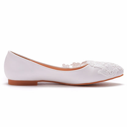 Women Pointed Toe Shallow Lace Flora Bridal Wedding Flat Shoes