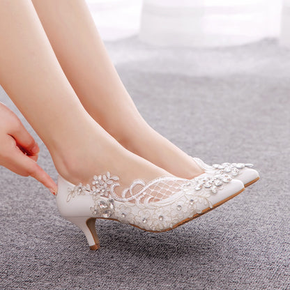 Women Stiletto Heel Pointed Toe Pumps Rhinestone Lace Bridal Wedding Shoes