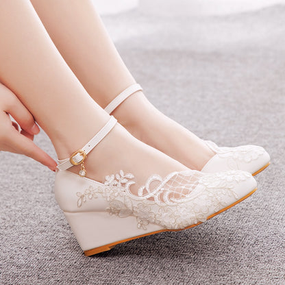 Shallow Ankle Strap 5cm Wedge Heel Women Pumps Wedding Shoes