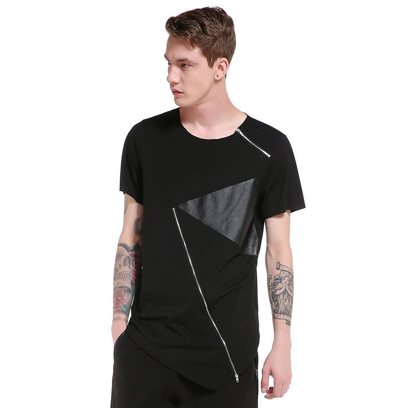 Men's Street Style Hip-Hop Round Neck Fashion Short Sleeves Specialty Hem Zipper Split Joint T-shirt