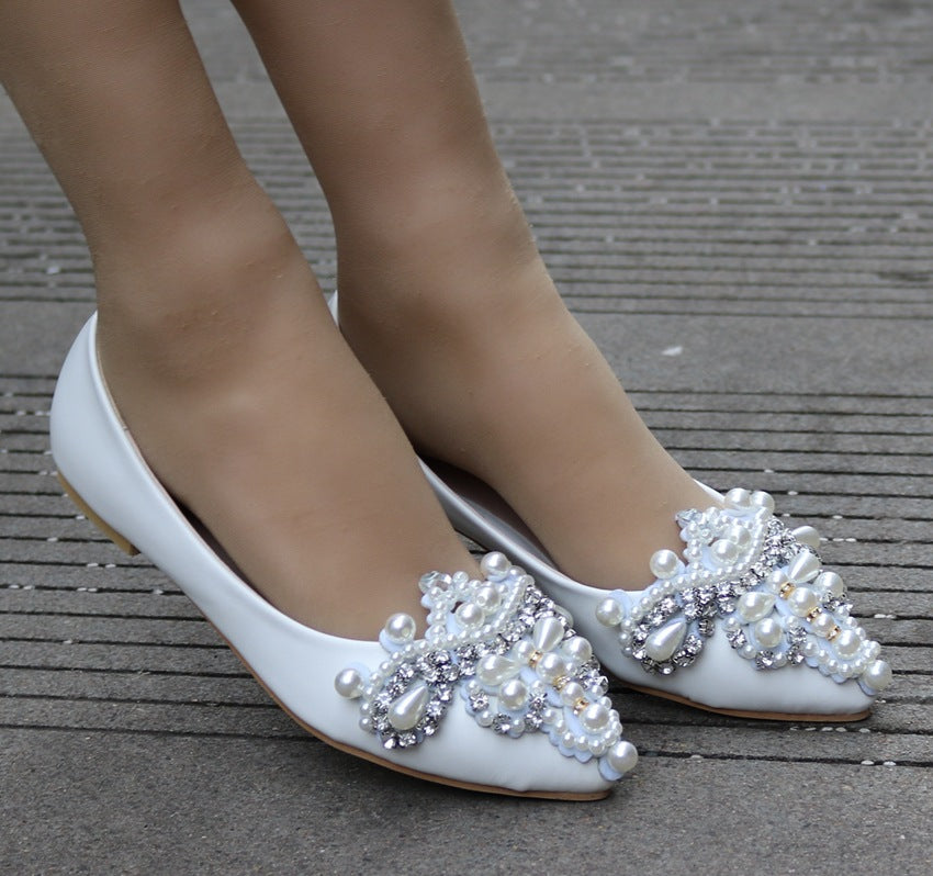 Women Pointed Toe Shallow Rhinestone Beads Flora Wedding Flats