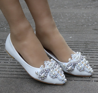 Women Pointed Toe Shallow Rhinestone Beads Flora Wedding Flats