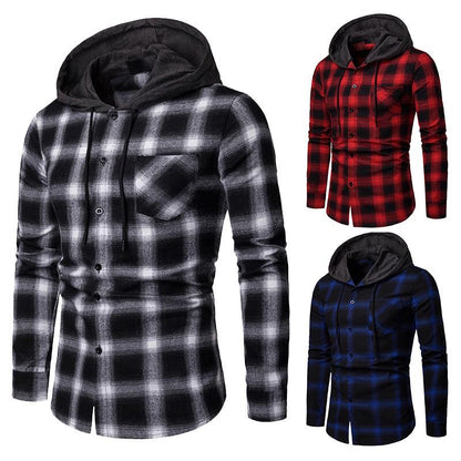 Men's Business Grid Casual Hooded Long Sleeves Shirts