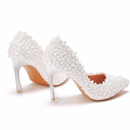 Women Crystal Pointed Toe Lace Beads Stiletto Heel Wedding Pumps