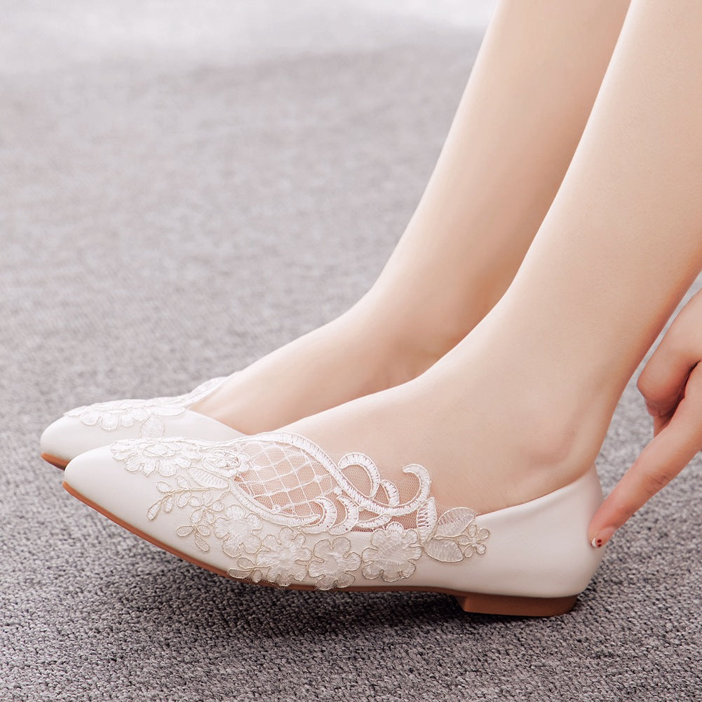 Women Pointed Toe Shallow Lace Mesh Flora Bridal Wedding Flat Shoes