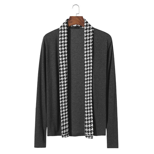 Men's Houndstooth Placket Contrast Color Korean Style Cardigan