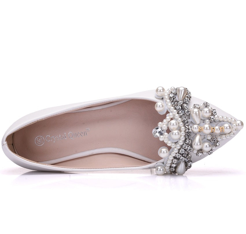 Women Pointed Toe Shallow Rhinestone Beads Flora Wedding Flats