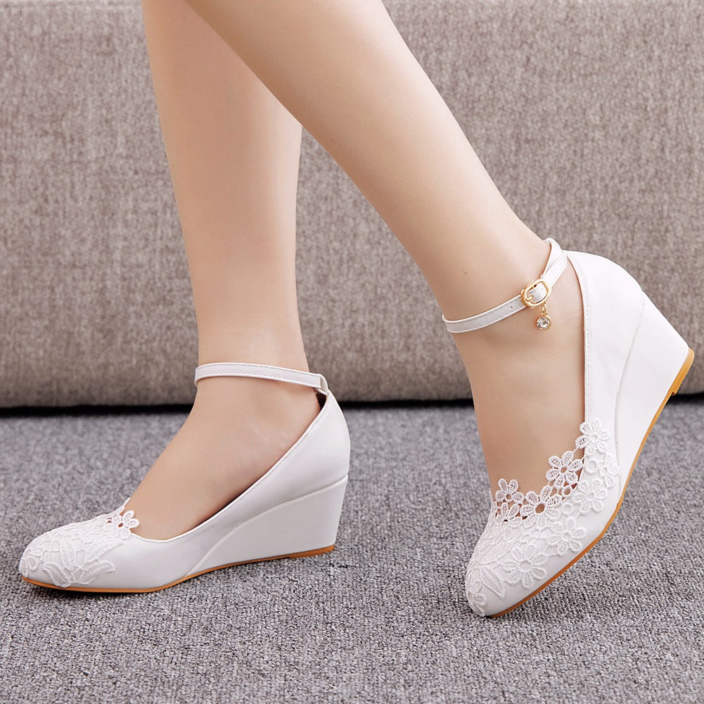 Lace Rhinestone Ankle Strap 5cm Wedge Heel Women Pumps Wedding Shoes