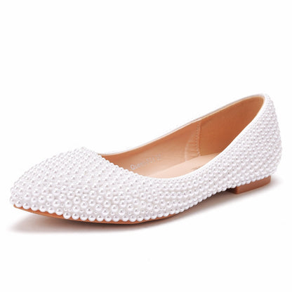 Women Pointed Toe Shallow Bridal Wedding Shoes Pearls Flats