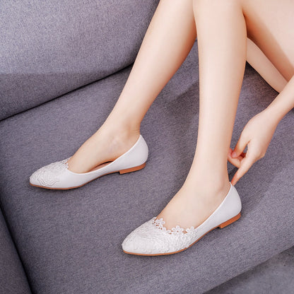 Women Pointed Toe Shallow Lace Flora Bridal Wedding Flat Shoes