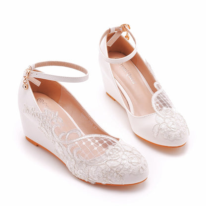 Shallow Ankle Strap 5cm Wedge Heel Women Pumps Wedding Shoes