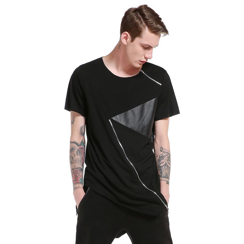 Men's Street Style Hip-Hop Round Neck Fashion Short Sleeves Specialty Hem Zipper Split Joint T-shirt