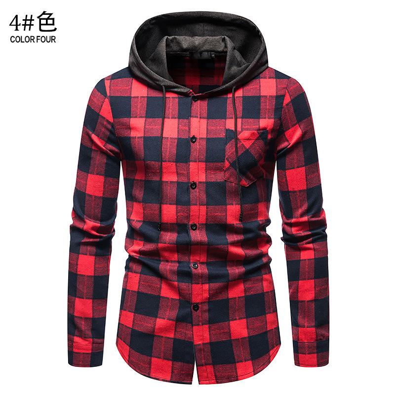 Men's Long Sleeves Hoodie Grid Flannel Shirts