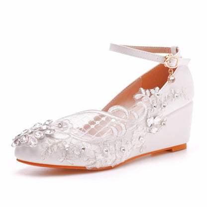 Rhinestone Mesh Ankle Strap 5cm Wedge Heel Women Pumps Wedding Shoes