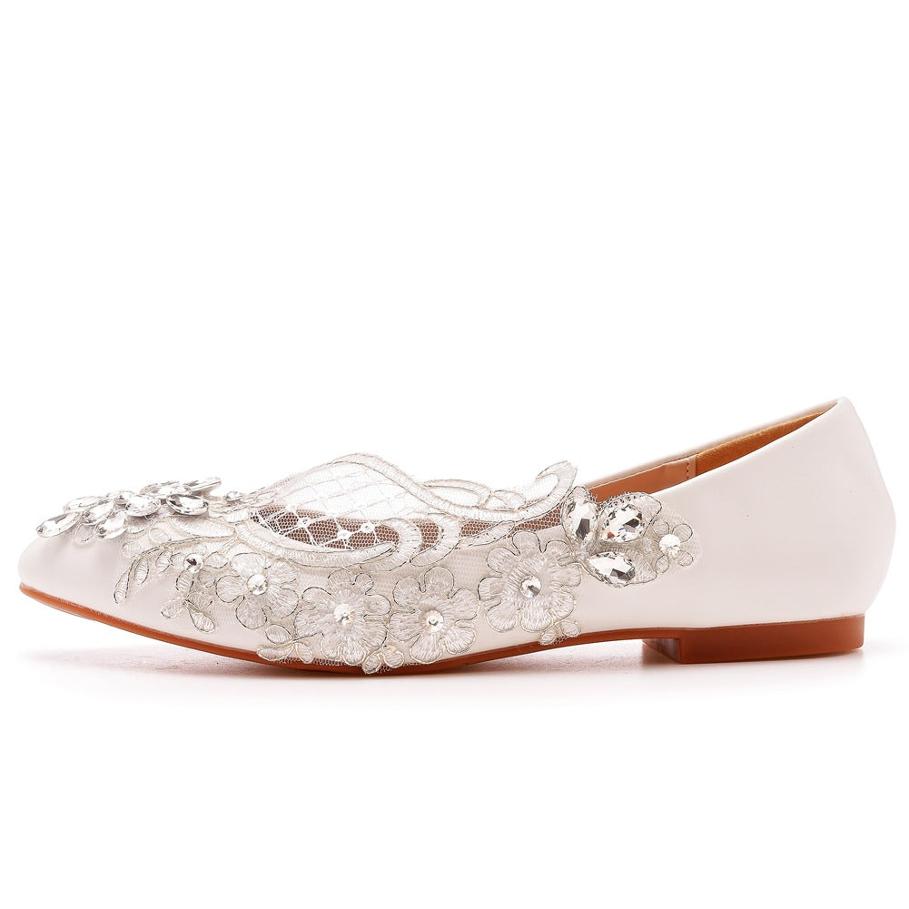 Women Pointed Toe Shallow Lace Rhinestone Flora Bridal Wedding Flat Shoes