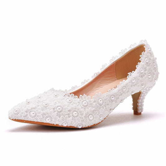 Women Stiletto Heel Pointed Toe Pumps Lace Flora Bridal Wedding Shoes