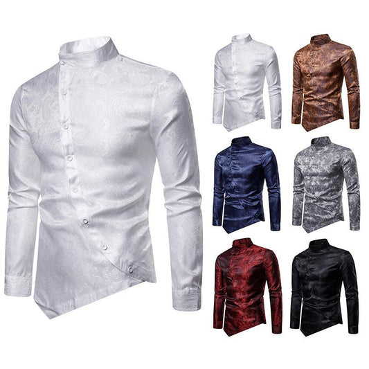 Men's Personality Helical Irregular Color Ful Henry Stand-Up Collar Long Sleeves Shirts