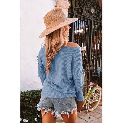 Womens Waffle Lantern Sleeve Ruffled V-neck T Shirt Long Sleeved Top