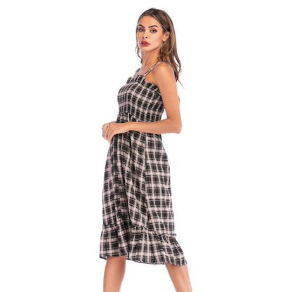 Causual Plaid High Waist Lotus Leaf Side Sling Skirt Women Dresses