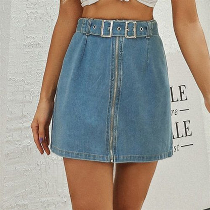 Retro High Waist All-matched Belt Design Short Denim Washable Women Skirts