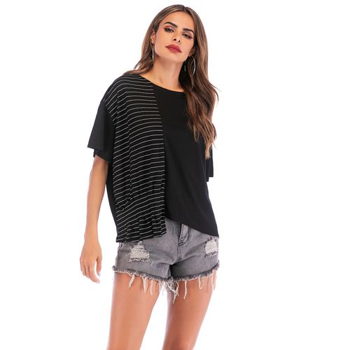 Summer Stitching Hit Striped  Bat Sleeve Loose Irregular Women T Shirts