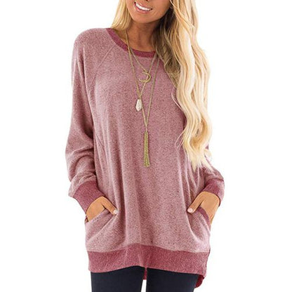 Women Color Contrast Pocket Sweater Long Sleeve Pullover Sweatshirt T-shirt