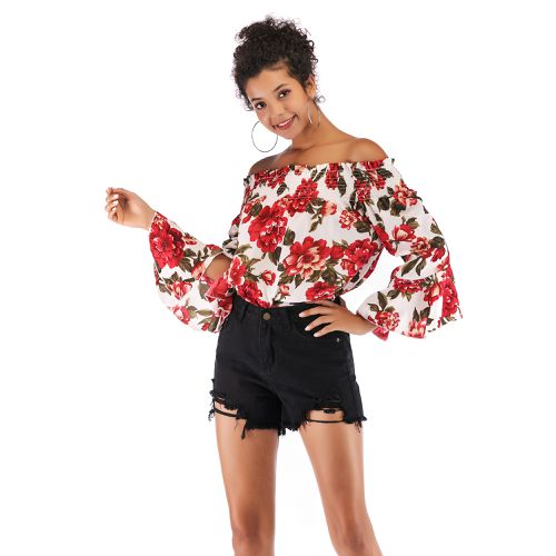 Sexy Strapless Printed   Women Chiffon Shirt Blouses