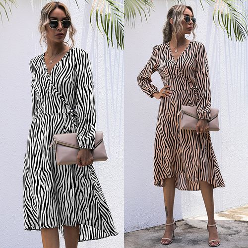 Women Striped V-neck Lace Mid-length Dress