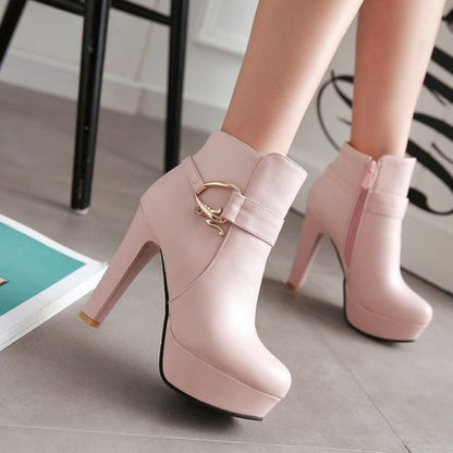 Women's Belt High Heels Platform Short Boots