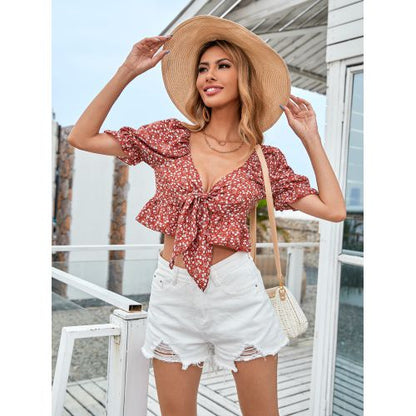 Women Flowers Printed V-neck Top Blouse Shirt