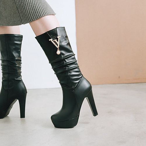 Women Pearl High Heels Platform Mid Calf Boots