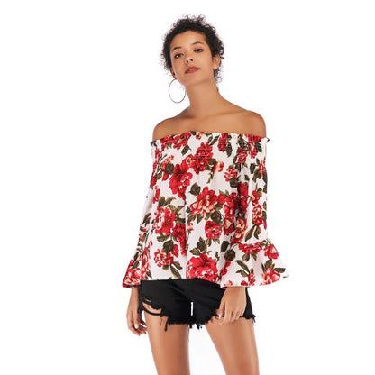 Sexy Strapless Printed   Women Chiffon Shirt Blouses