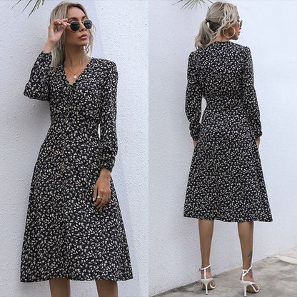 French Printed Spring Summer Vintage Single-breasted Lace-up A-line Skirt Women Dresses