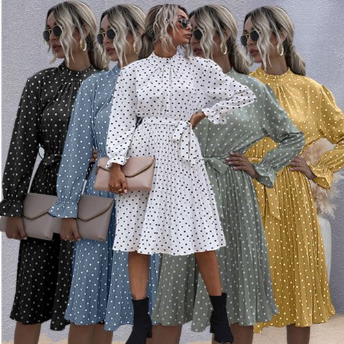 Women Lotus Leaf Sleeve Polka-dot Long Sleeved Dress