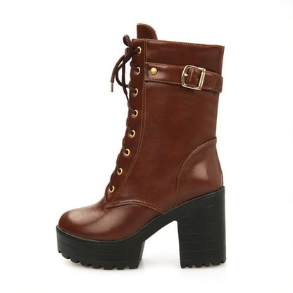 Women Lace Up Buckle High Heel Short Motorcycle Boots