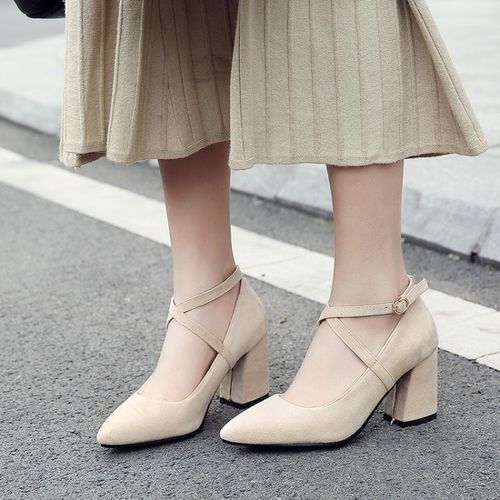 Women Pointed Toe Buckle High Heeled Chunky Heels Pumps