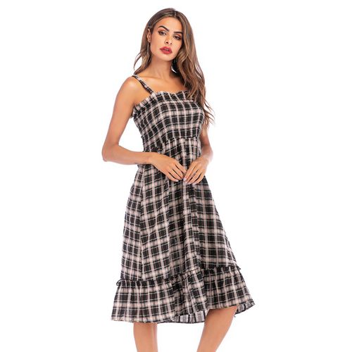 Causual Plaid High Waist Lotus Leaf Side Sling Skirt Women Dresses