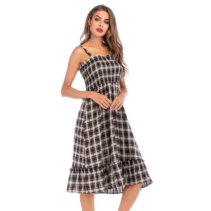 Causual Plaid High Waist Lotus Leaf Side Sling Skirt Women Dresses