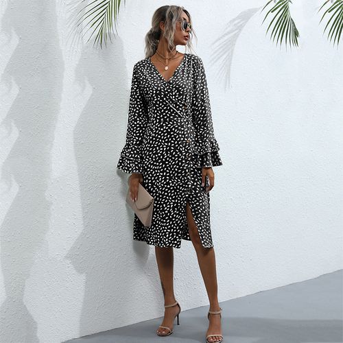 Women Lotus Leaf Sleeve Printed Long Sleeved Chiffon Dress