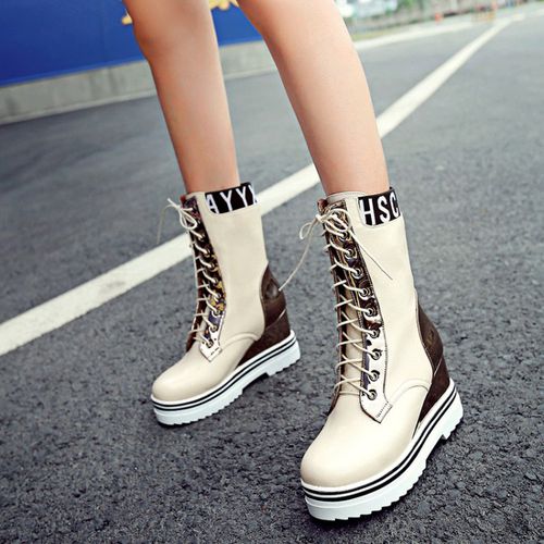 Women Platform Wedges Lace Up Mid Calf Boots