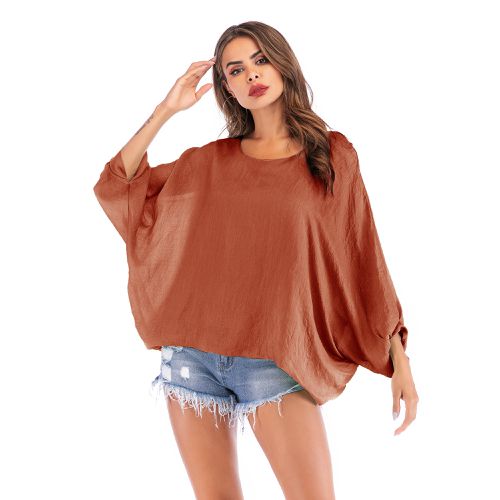 Spring and Fall Round Neck Loose Solid Color Bat Sleeve Top Women T Shirts