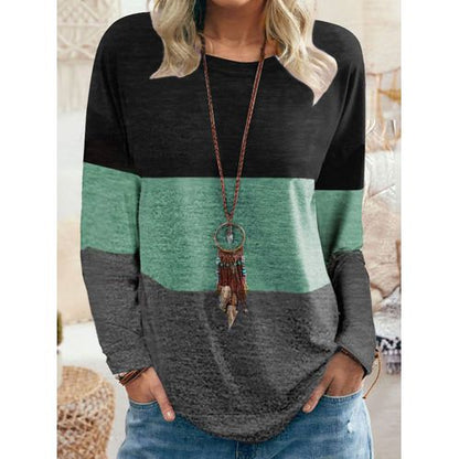 Womens Round Neck Pullover Color Contrast Top T-shirt