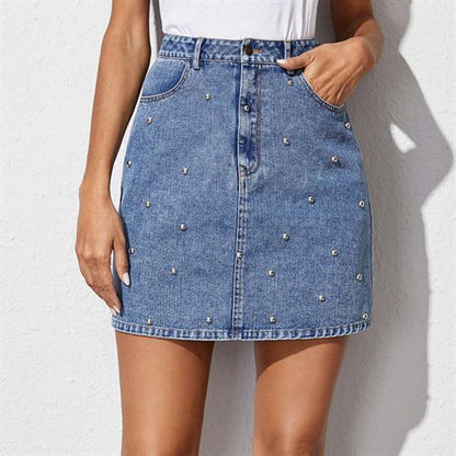 Inshigh Waist Denim Fashion Beads Packet Buttock Women Skirts