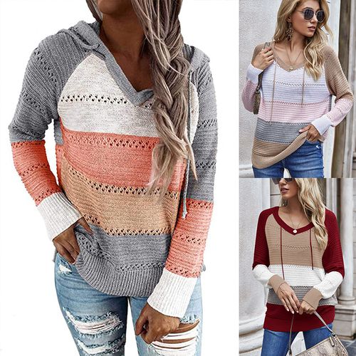 Women Long Sleeved  Hollow Out Contrast Color Knitted Sweater Hoodie