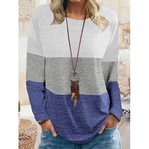 Womens Round Neck Pullover Color Contrast Top T-shirt