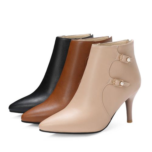 Pointed Toe Buckle Women's High Heeled Ankle Boots