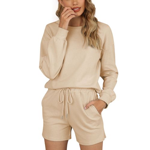 Women Long Sleeve Shorts Sweater Pajamas Two-piece Suit Linen Cotton Home Wear with Pockets