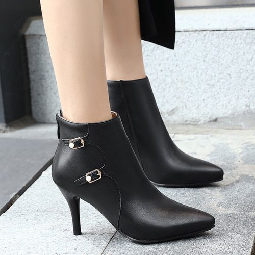 Pointed Toe Buckle Women's High Heeled Ankle Boots